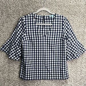 Draper James Top Women’s 2 Navy Blue & White Gingham Plaid Tired Ruffle Bell Sle